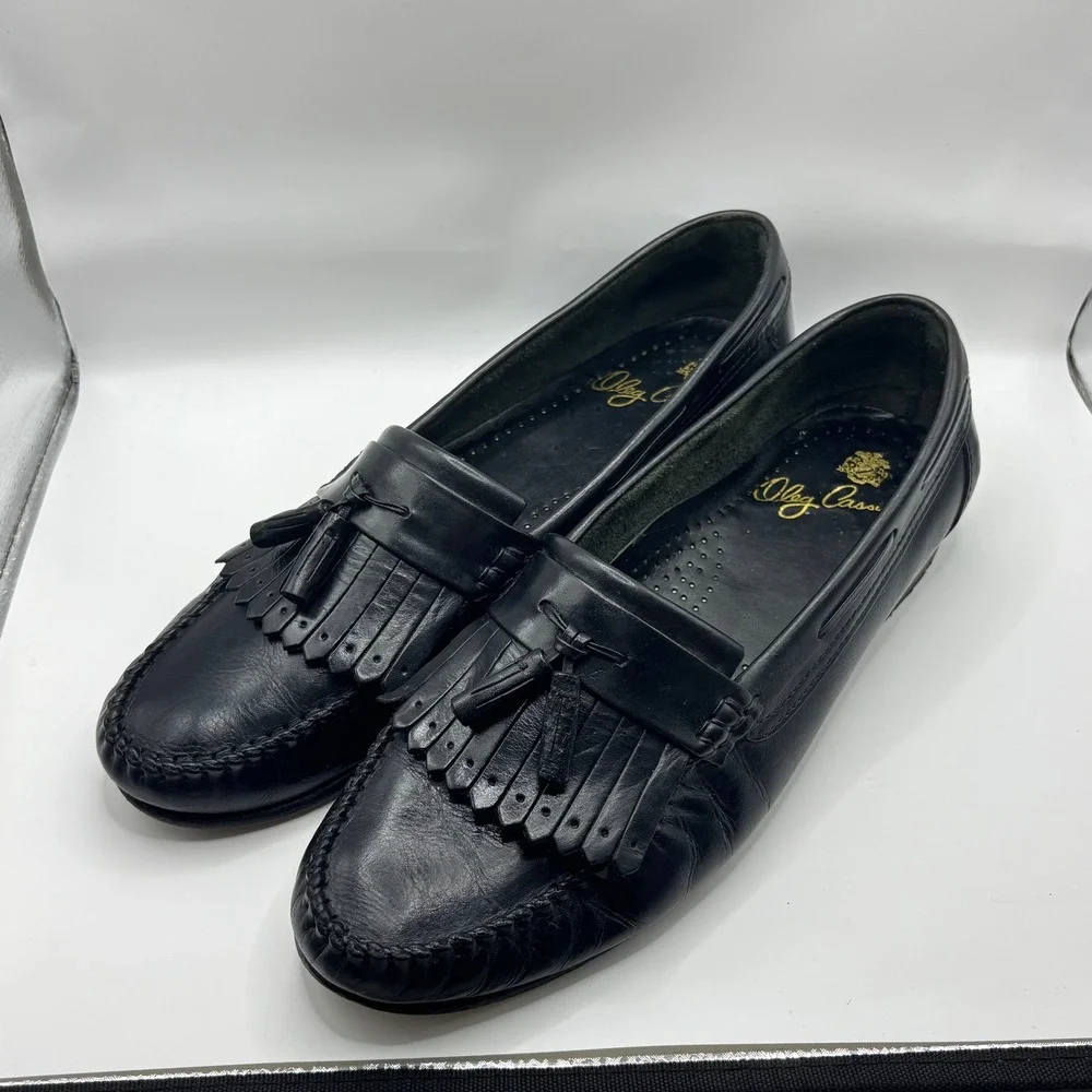 Vintage Kiltie Tassel Loafers Oleg Cassini 10.5M Black Leather Fremont Brazil